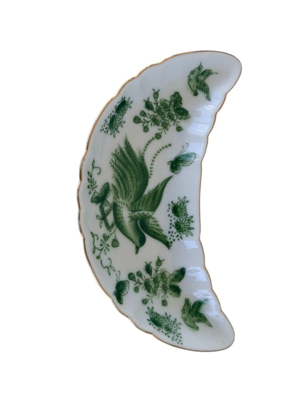 Vintage LJ Signed Porcelain Crescent Bone Dish Green Exotic Bird Floral Gold
